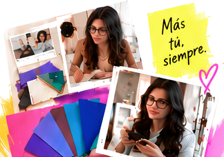 Collage de sesiones de asesoría con paletas de color y la nota “Más tú, siempre.”