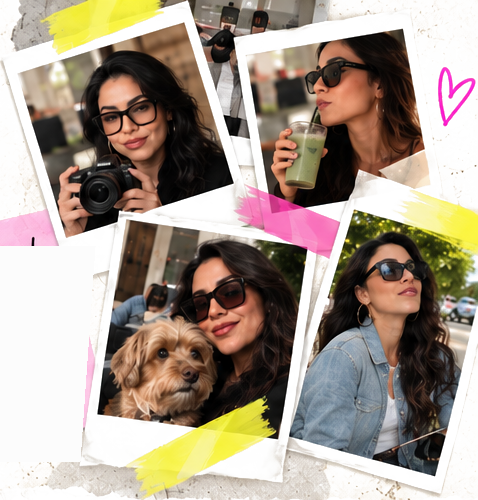 Collage de polaroids de Mariana con cámara, con su perro, tomando una bebida y en la calle