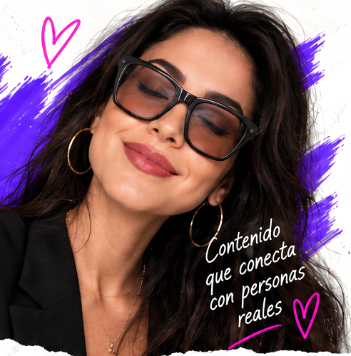 Mariana Mulz sonriendo con los ojos cerrados y la nota “Contenido que conecta con personas reales”
