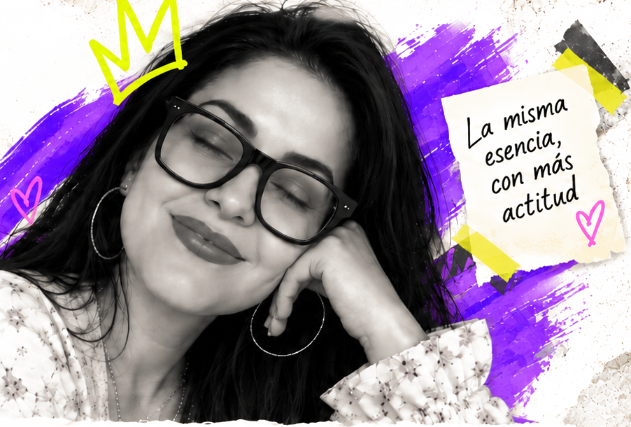 Mariana Mulz sonriendo con lentes, con una corona dibujada y la nota “La misma esencia, con más actitud”