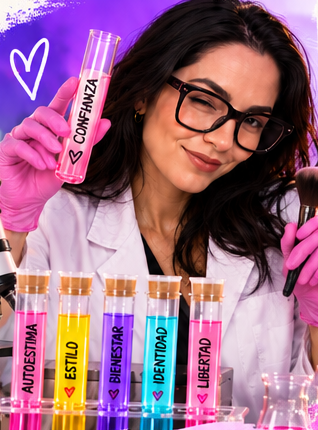 Mariana en bata de laboratorio con tubos de ensayo