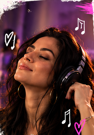 Mariana con audífonos y los ojos cerrados disfrutando la música