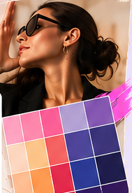 Mujer con lentes oscuros junto a una paleta de colores