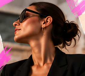 Mujer de perfil con lentes oscuros y blazer negro