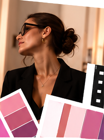 Mujer de perfil con lentes y blazer negro junto a paletas de color
